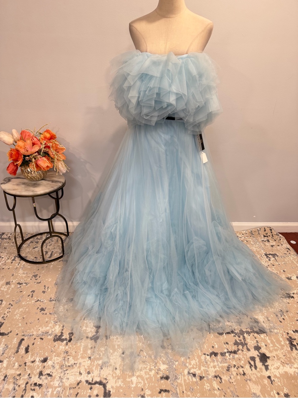 Terani Couture Light Blue Tulle Ruffled Strapless Ballgown Dress - Size 8